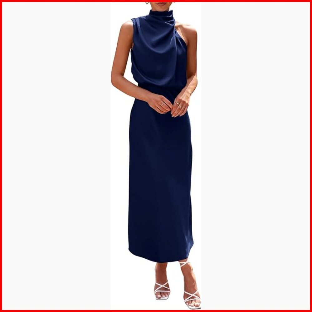 Satin Maxi Dress Sleeveless Mock Neck Formal Party Cocktail Summer